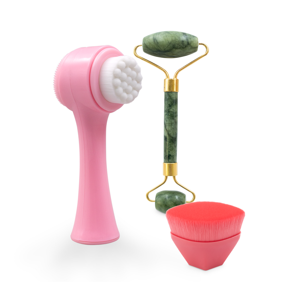 Kit Skincare 3 pçs Escova de Limpeza Facial + Escovinha + Rolo Massageador de Pedra Jade - Real Love