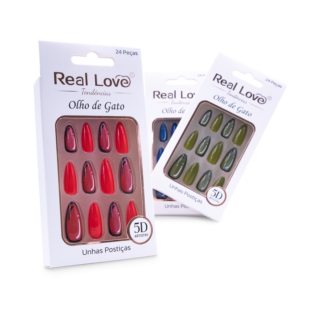 Unhas Postiças Almond Olho de Gato Diversas Cores - Real Love